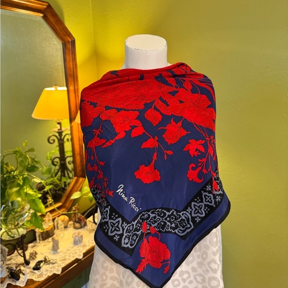 Nina Ricci Navy and Scarlet Floral Scarf - Picture 1 of 8